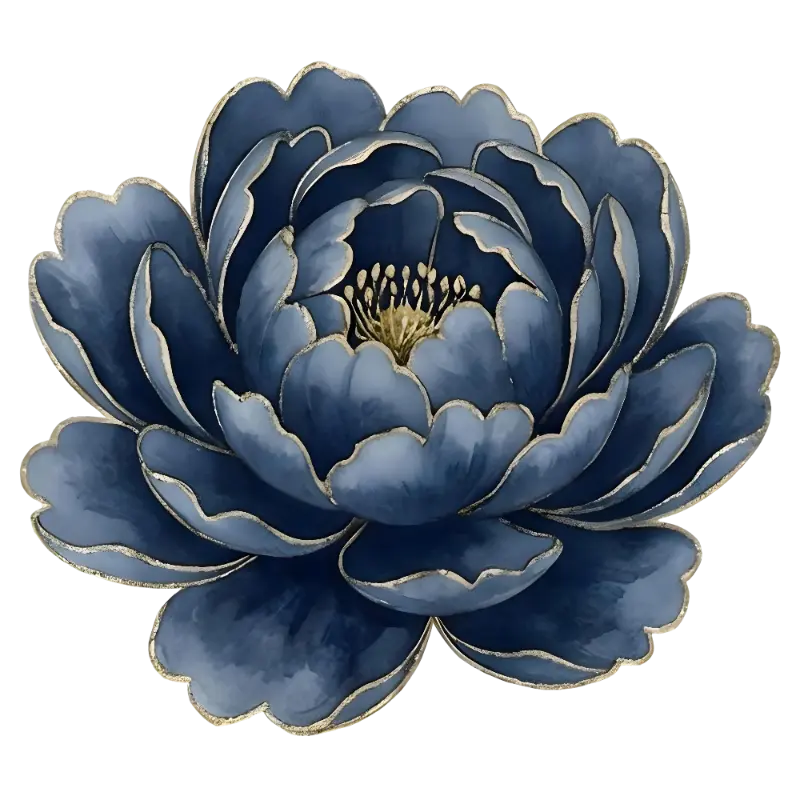 Watercolor Blue Peony Gold Outline