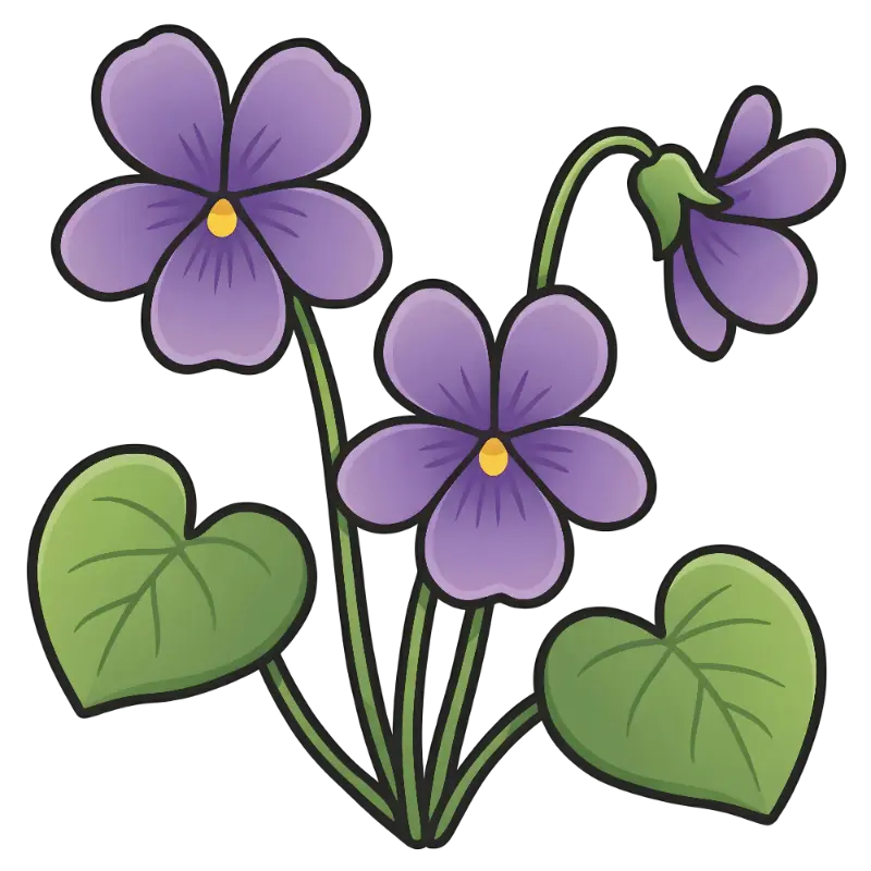 Cute Emoji Style Five-Petal Violet Flowers with Heart Leaves