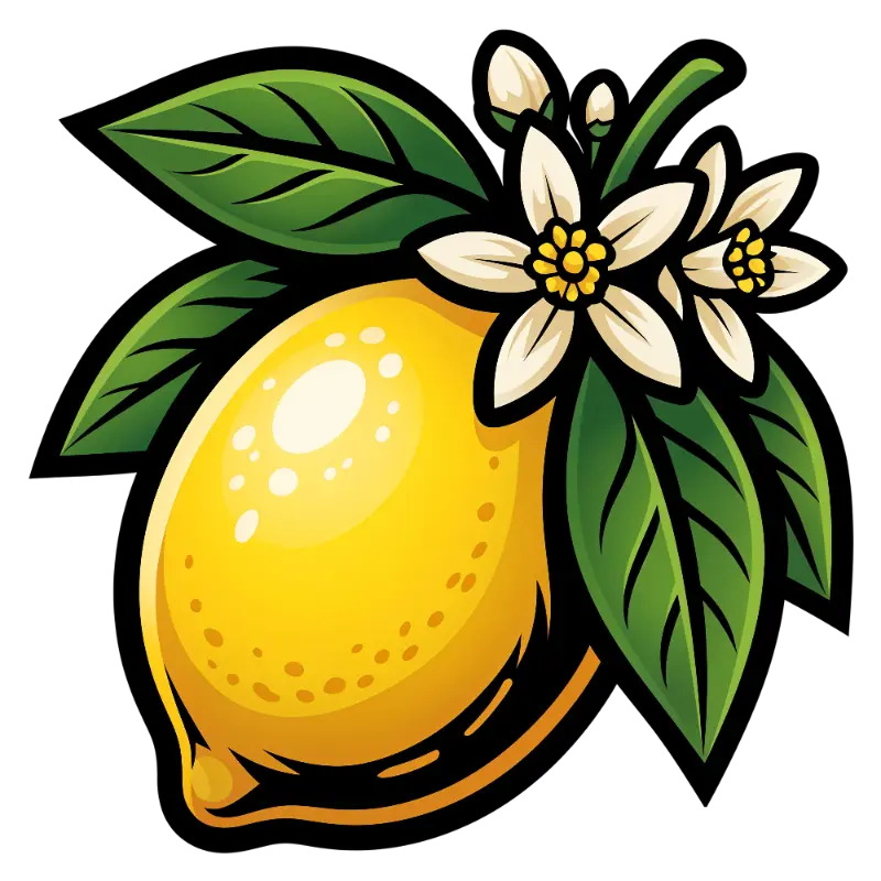 Bold Line Art Lemon with Green Leaves and White Flowers