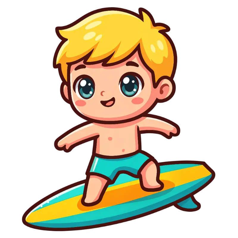Playful Chibi Blonde Surfer Boy Character with Large Eyes Illustration