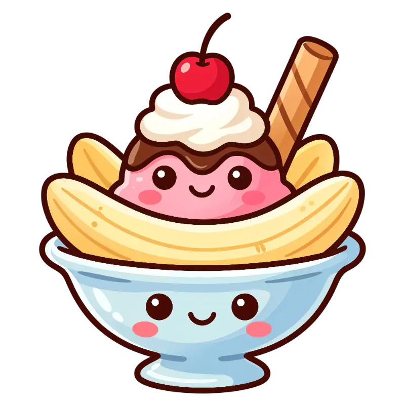 Smiling Kawaii Banana Split with Cherry and Wafer Illustration