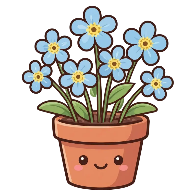Playful Cartoon Potted Plant with Blue Blossoms and Blush Cheeks