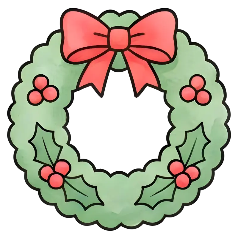 Cartoon Watercolor Christmas Wreath Illustration with Bow and Holly