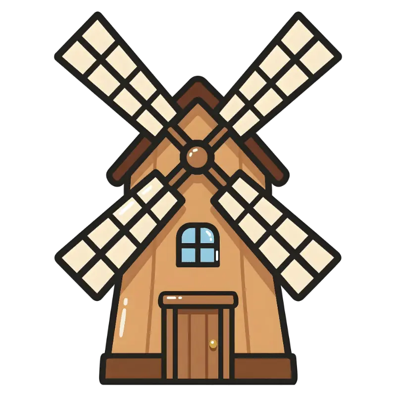 Cute Cartoon Windmill with Thick Outlines and Arched Window