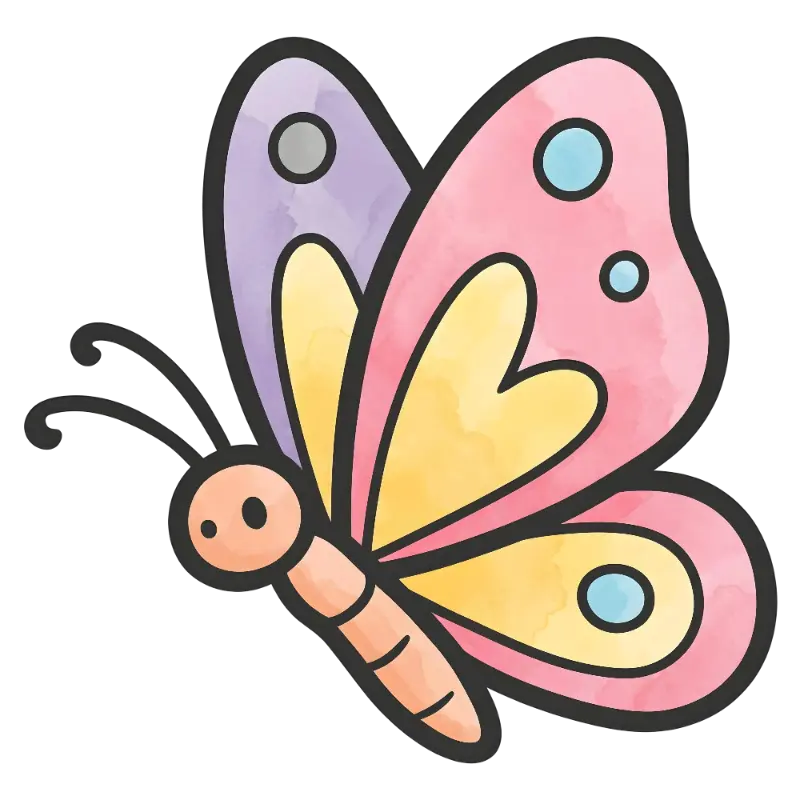 Playful Cartoon Butterfly with Thick Outlines and Watercolor Texture