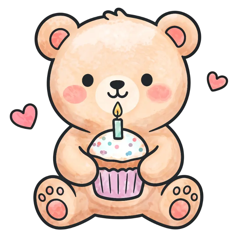 Cute Watercolor Cartoon Bear Holding Birthday Cupcake and Candle
