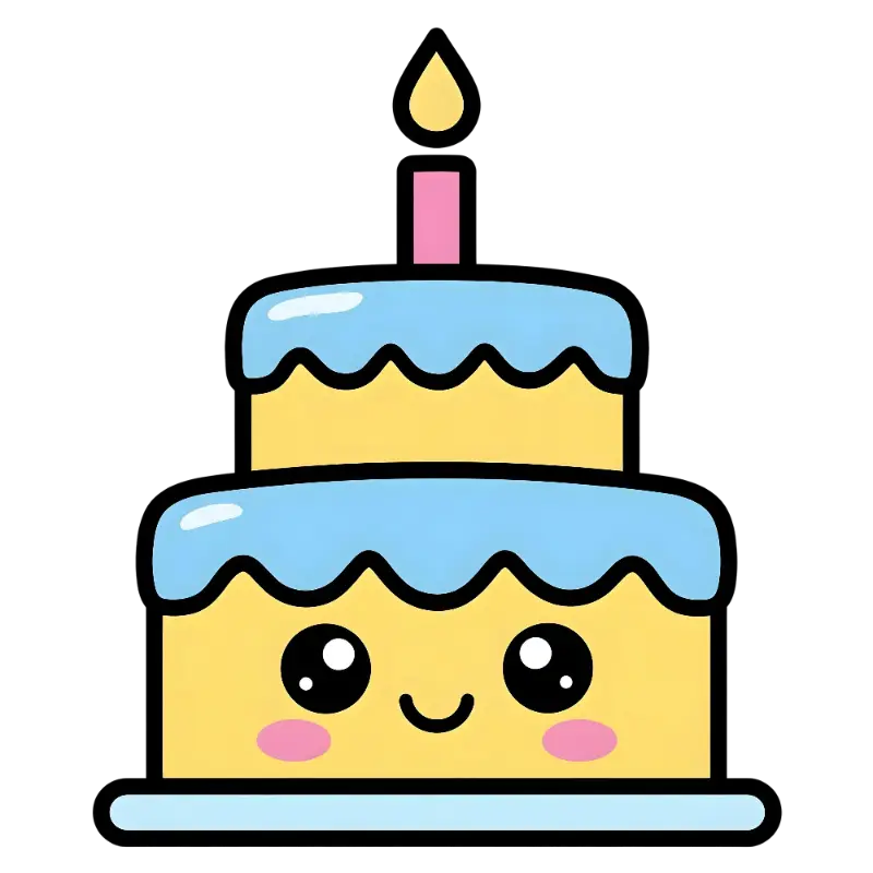 Cute Cartoon Smiling Birthday Cake with Lit Candle