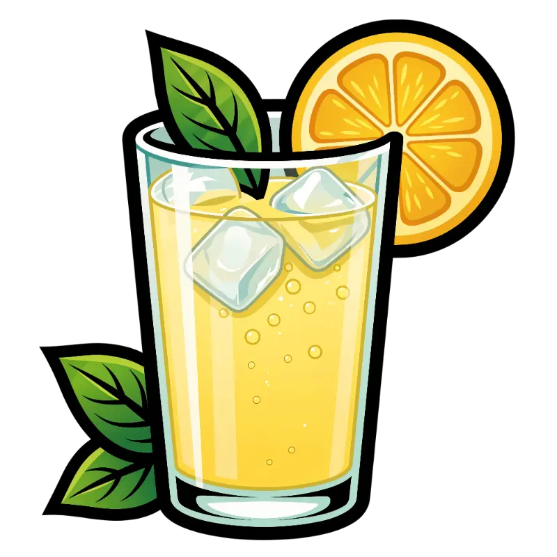 Cartoon Bubbly Lemonade with Ice, Lemon Slice, and Mint