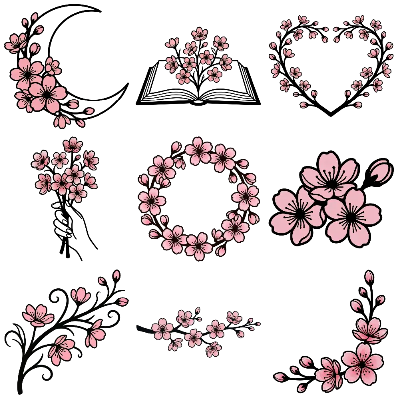Pink Cherry Blossom Wreath and Clusters Line Art