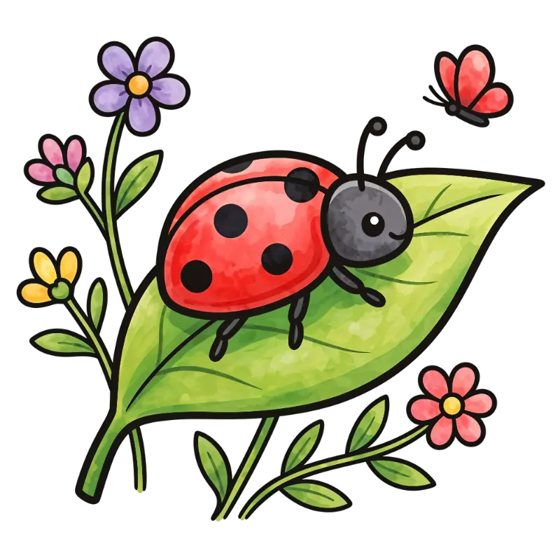 Cute Watercolor Ladybug with Flowers and Butterfly
