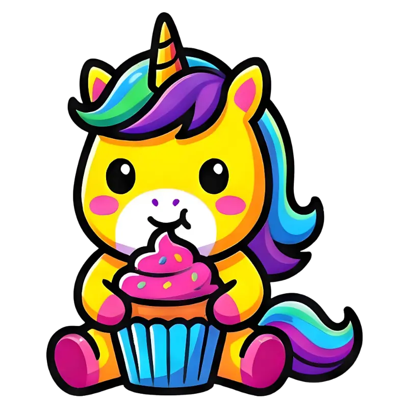 Kawaii Cartoon Cute Unicorn Eating Cupcake Illustration