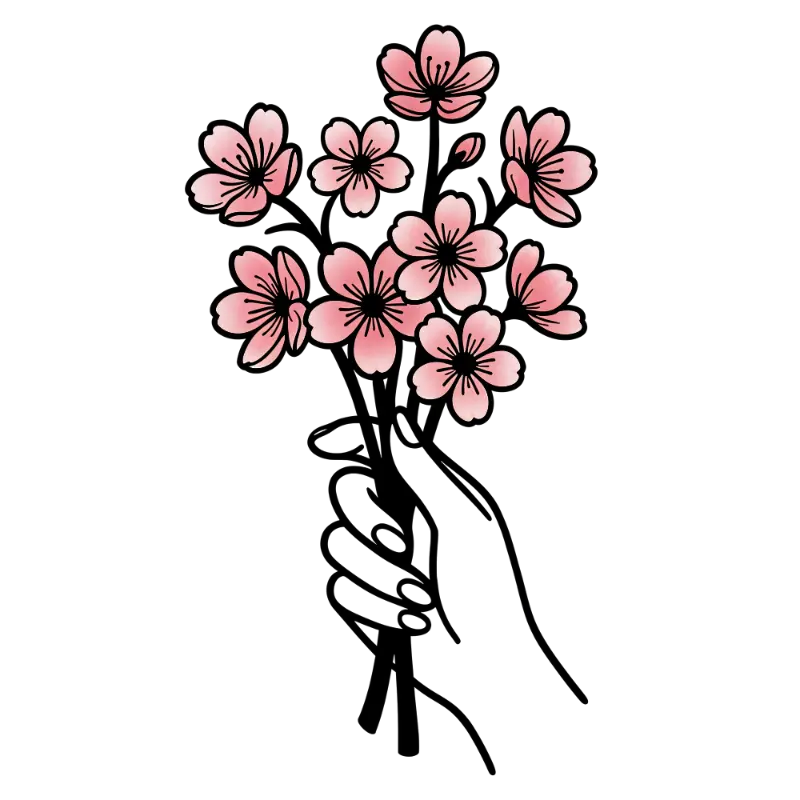 Delicate Hand-drawn Line Art Pink Cherry Blossoms Cluster