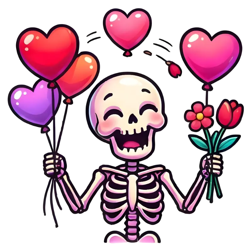 Kawaii Skeleton Illustration with Heart Balloons and Flowers