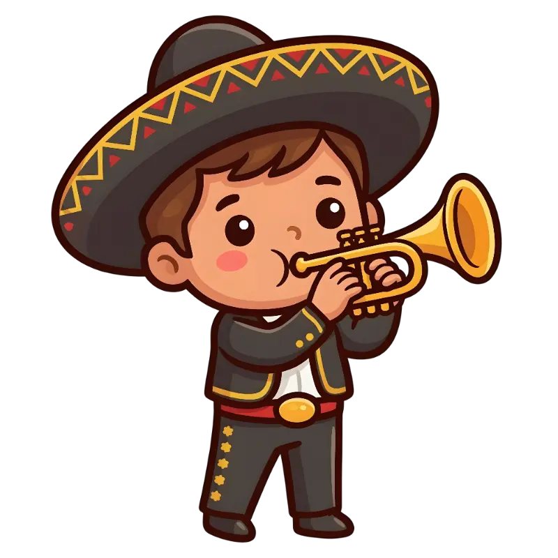 Cute Chibi Mariachi Boy Playing Trumpet in Traditional Suit