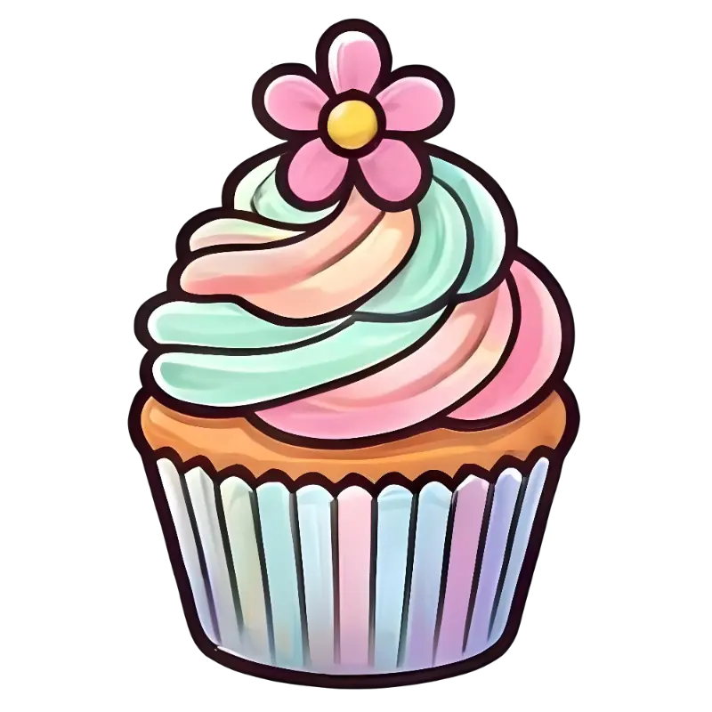 Cheerful Kawaii Pastel Cupcake with Pink Flower Illustration