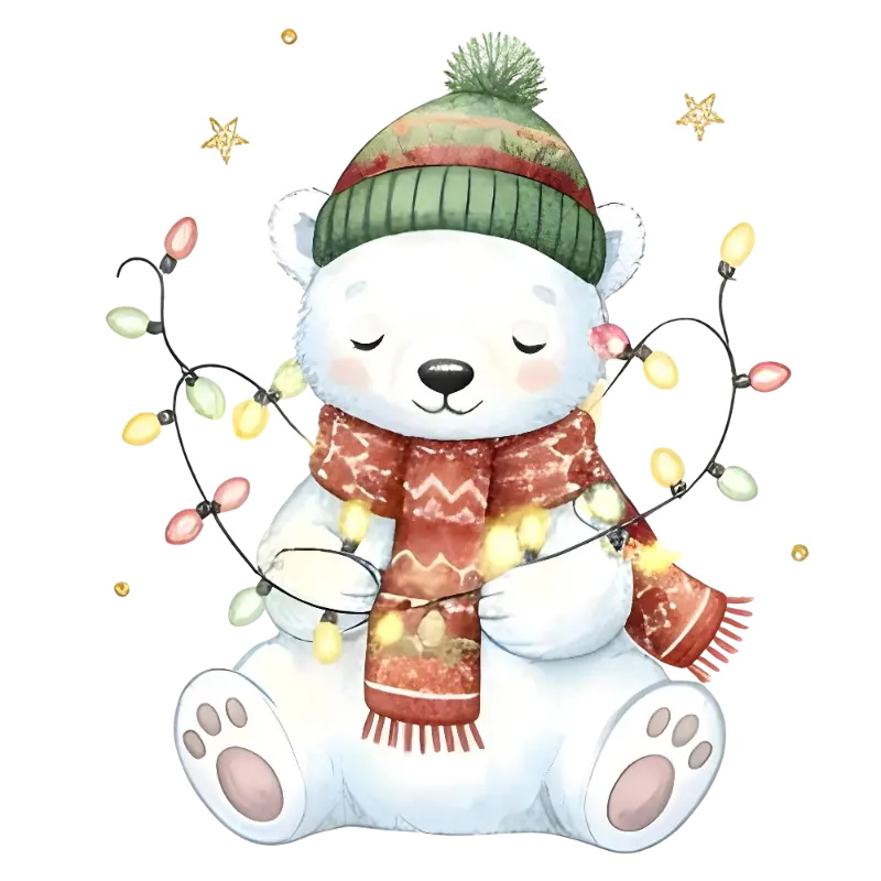 Cute Watercolor Polar Bear Christmas Lights Illustration