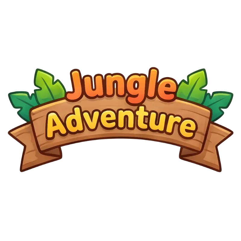 Bold Cartoon Jungle Adventure Text on Wooden Banner with Leaves