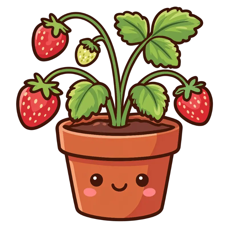 Playful Kawaii Potted Strawberry Plant with Smiling Face