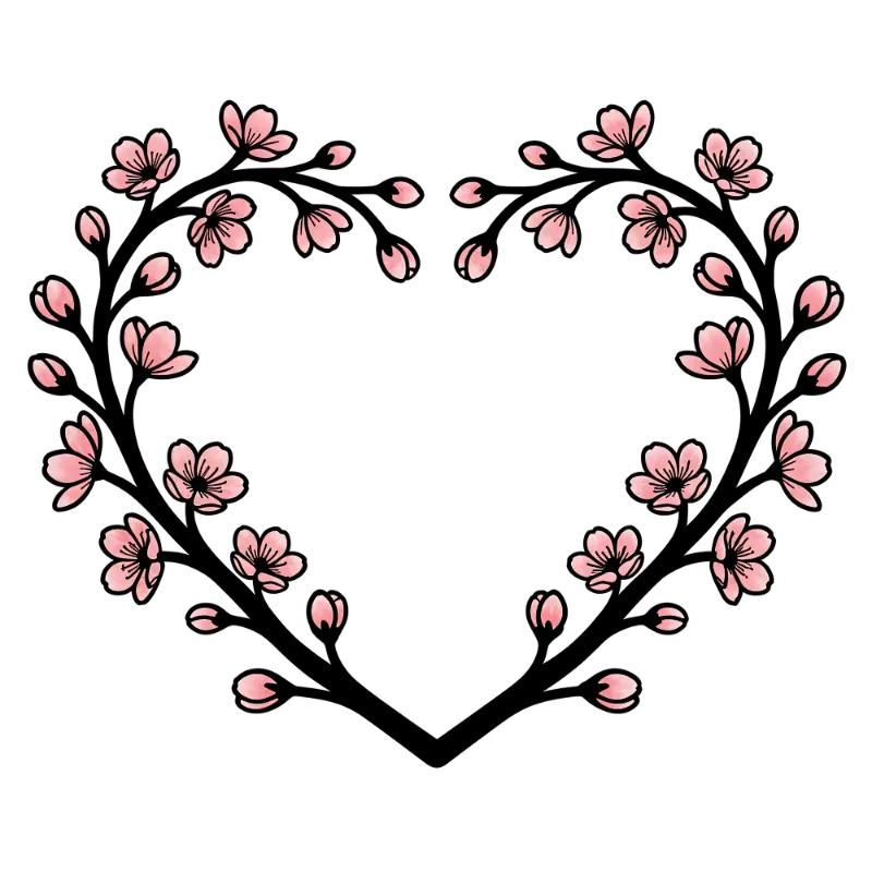 Delicate Pink Cherry Blossom Heart Wreath Line Art Illustration