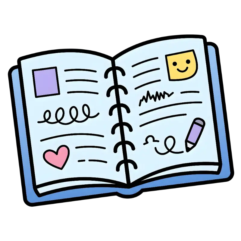 Playful Hand-drawn Open Notebook with Heart, Smiley, and Pencil Doodles