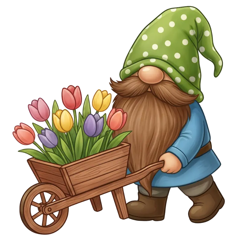 Cartoon Gnome Pushing Wooden Wheelbarrow with Spring Tulips