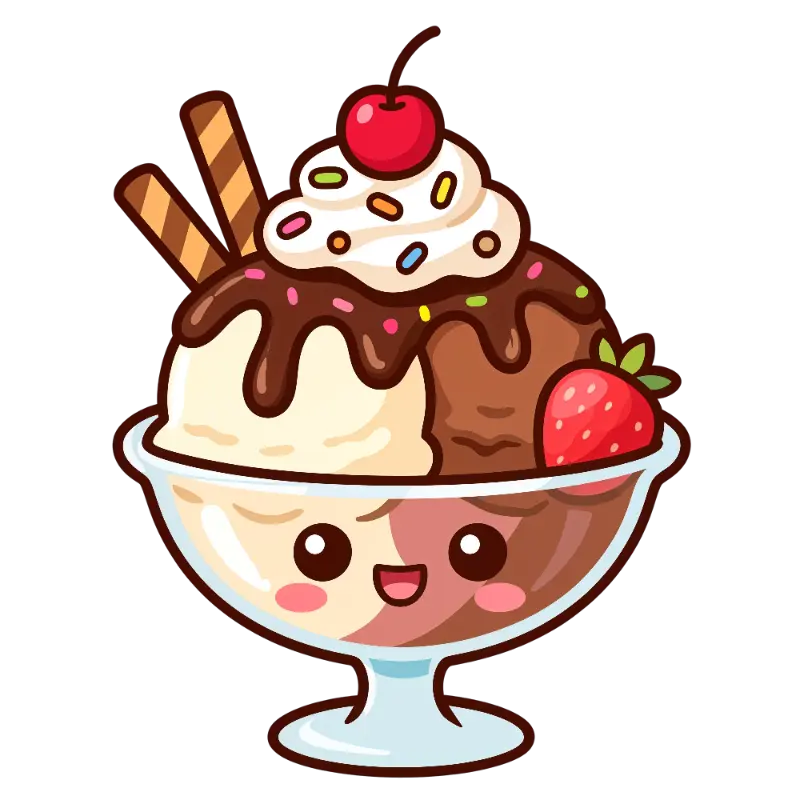 Sweet Kawaii Ice Cream Sundae Character with Colorful Toppings