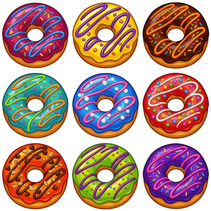 Nine Colorful Cartoon Donuts with Assorted Sweet Toppings
