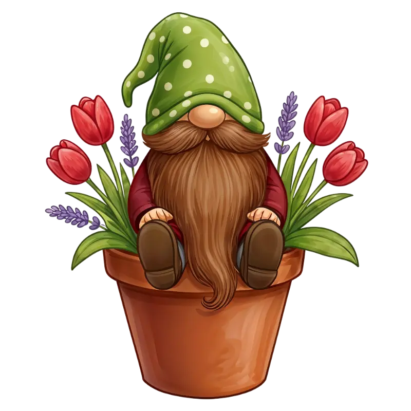 Charming Garden Gnome in Flower Pot with Tulips and Lavender