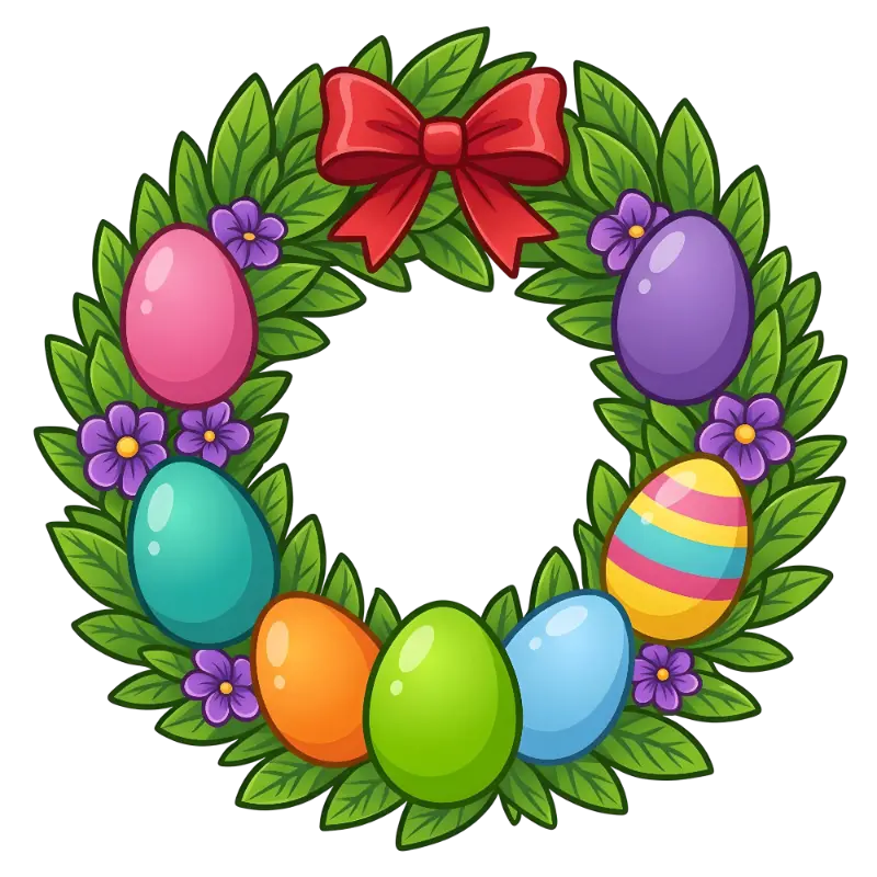 Cartoon Colorful Easter Eggs Wreath with Green Leaves and Red Bow