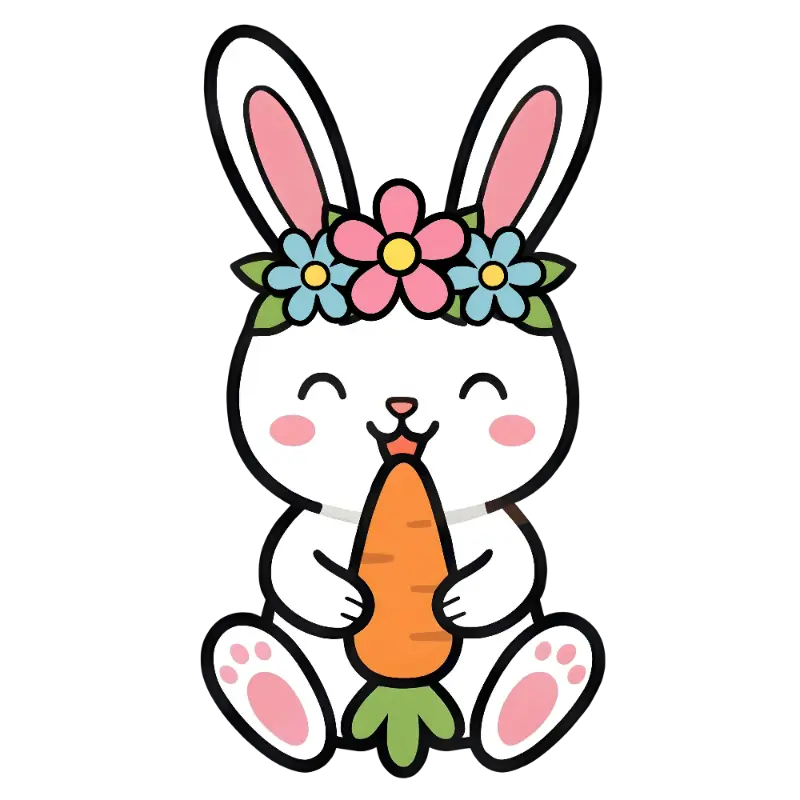 Cheerful Simple Line Art Rabbit with Flower Crown and Carrot