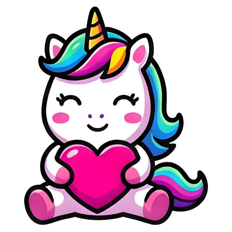 Cute Rainbow Kawaii Unicorn Holding a Pink Heart Graphic