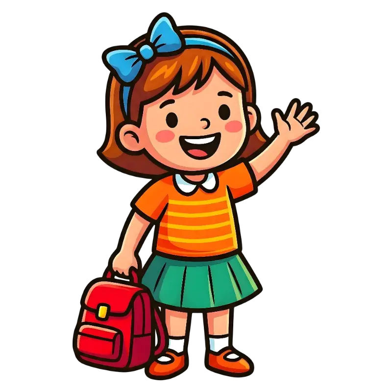 Happy Cartoon Schoolgirl Waving with Red Backpack