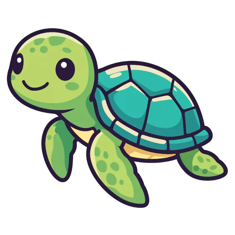 Friendly Green Turtle Character with Large Eyes and Teal Shell
