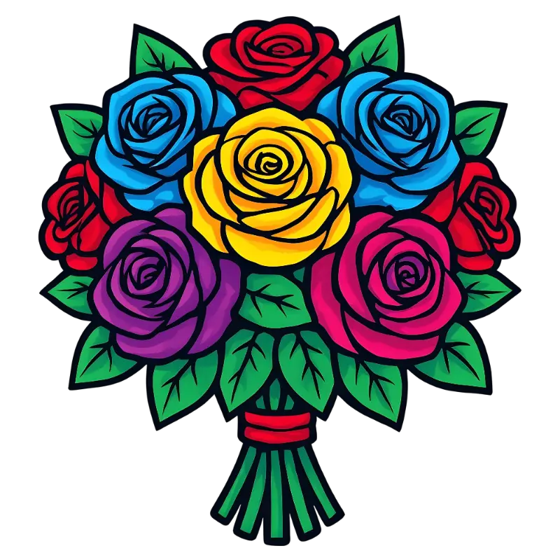 Pop Art Vibrant Multi-Color Rose Bouquet with Bold Outlines