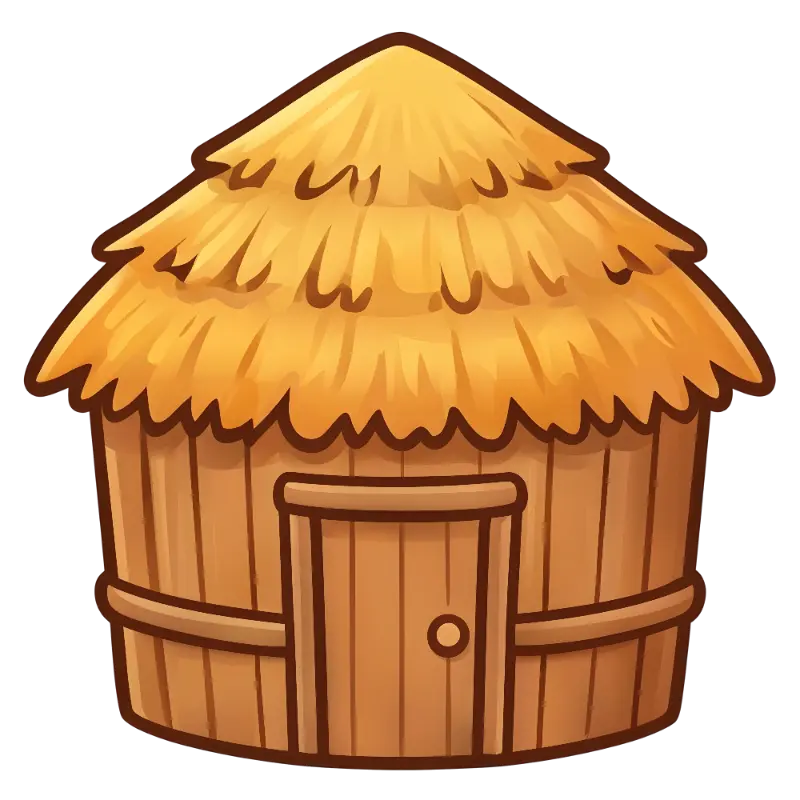 Cartoon Thatched Roof Hut with Wooden Plank Walls and Rounded Base