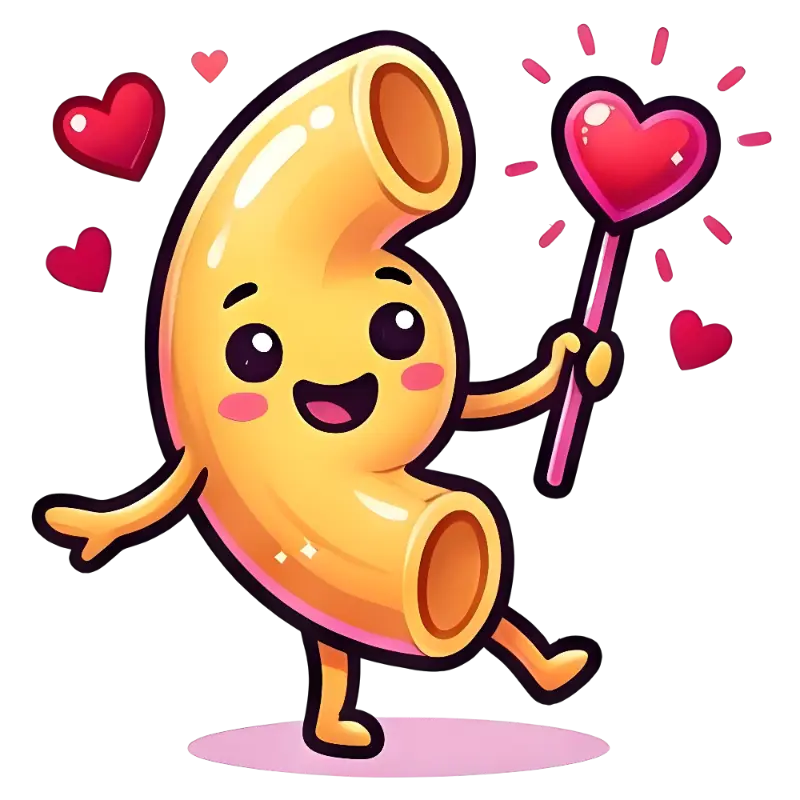 Cartoon Kawaii Anthropomorphic Macaroni Noodle Graphic with Loving Hearts
