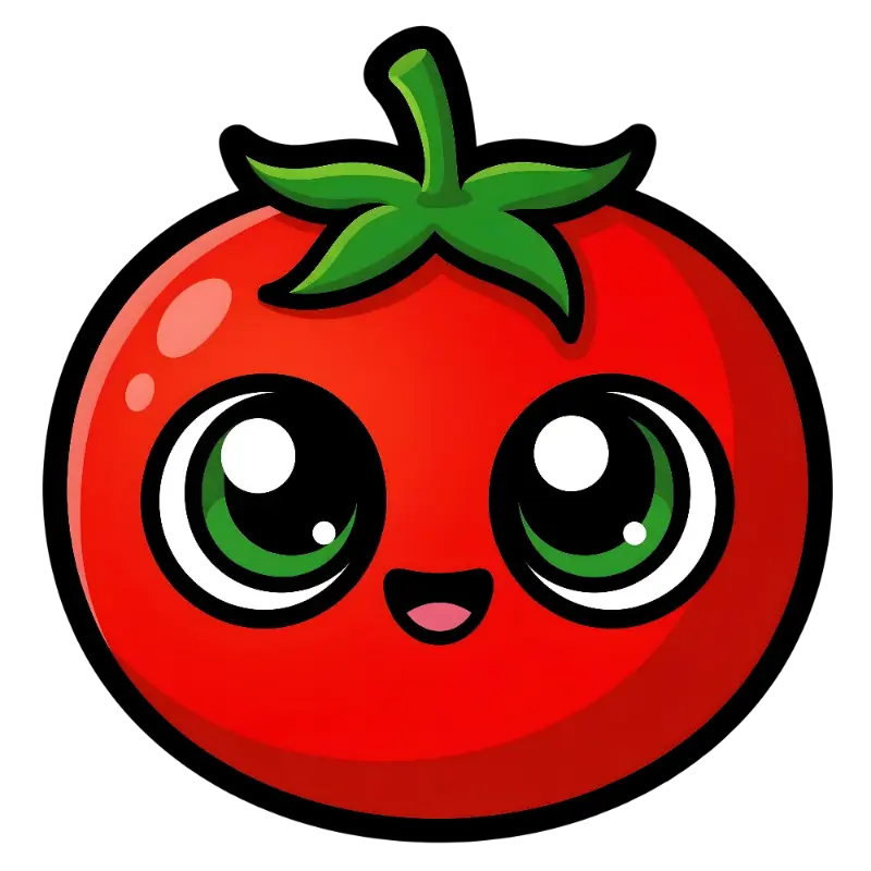 Kawaii Tomato Character with Large Expressive Green Eyes