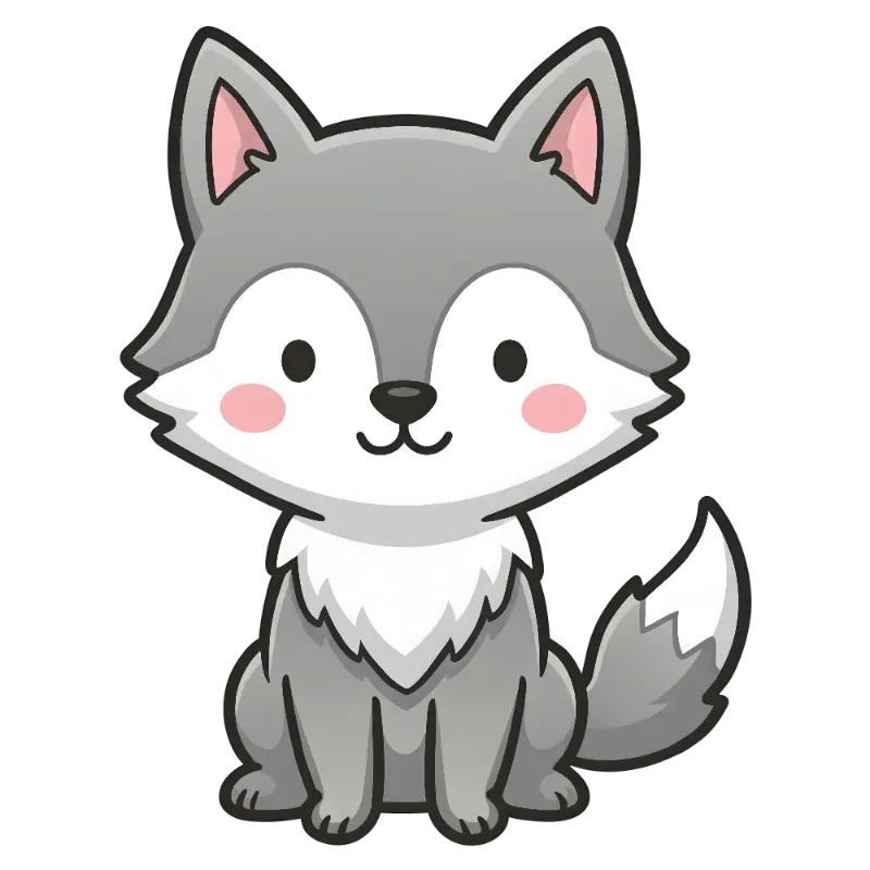 Kawaii Grey Wolf Character with Pink Cheek Blushes