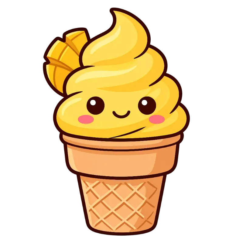 Kawaii Mango Swirl Ice Cream Character with Waffle Cone