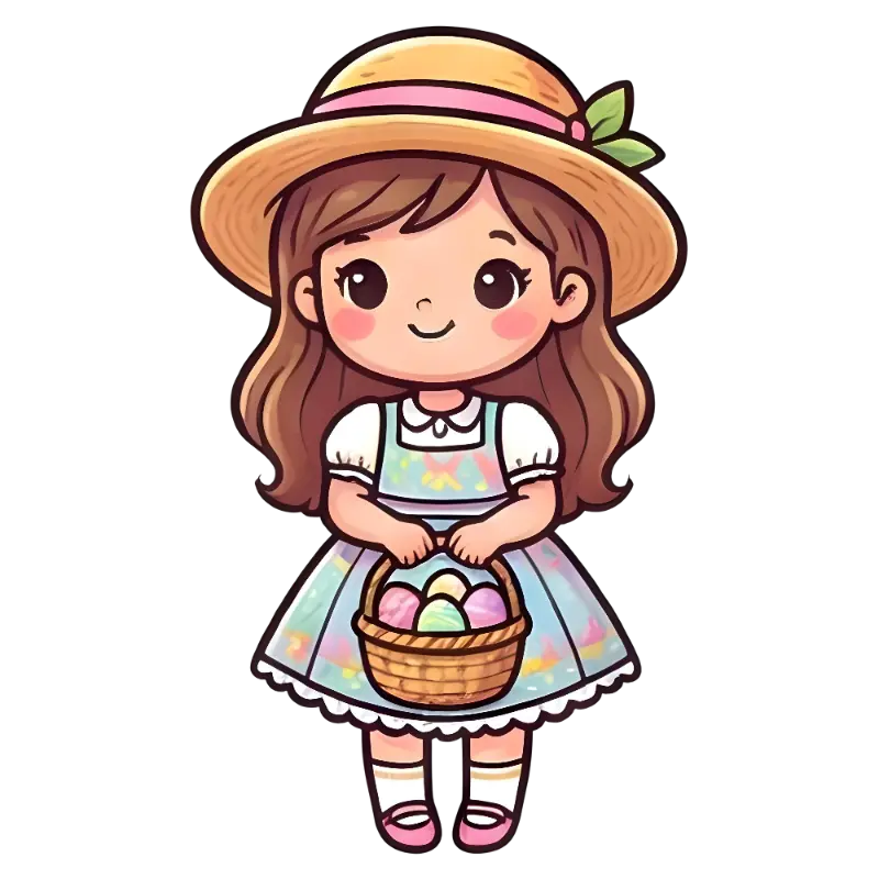 Sweet Kawaii Chibi Girl with Straw Hat and Woven Easter Basket