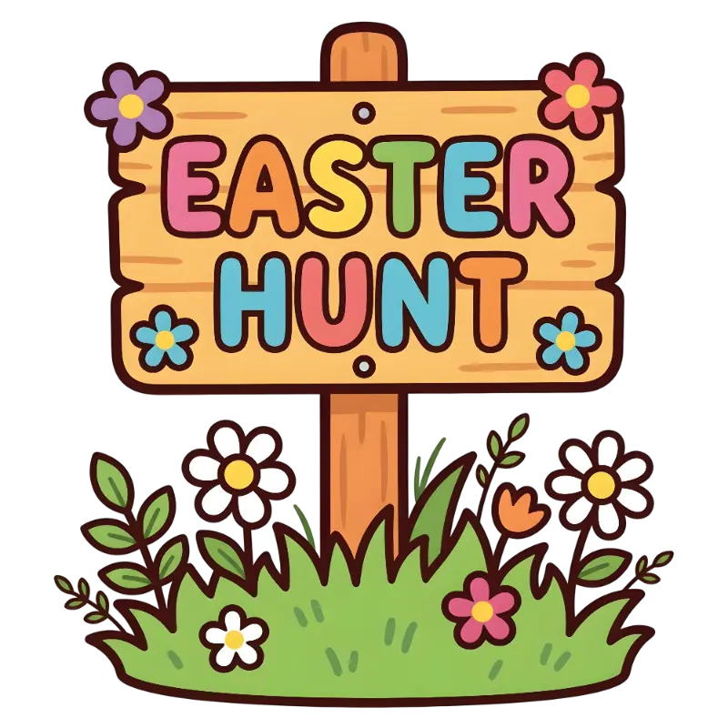 Whimsical Cartoon Easter Hunt Sign with Flowers and Grass