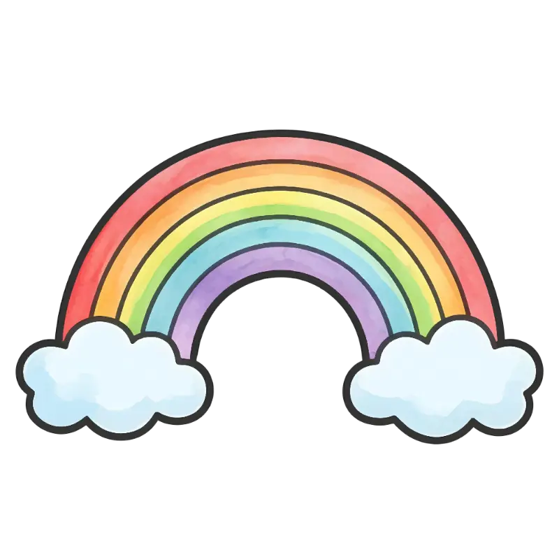 Simple Watercolor Rainbow with Fluffy Clouds and Thick Outlines