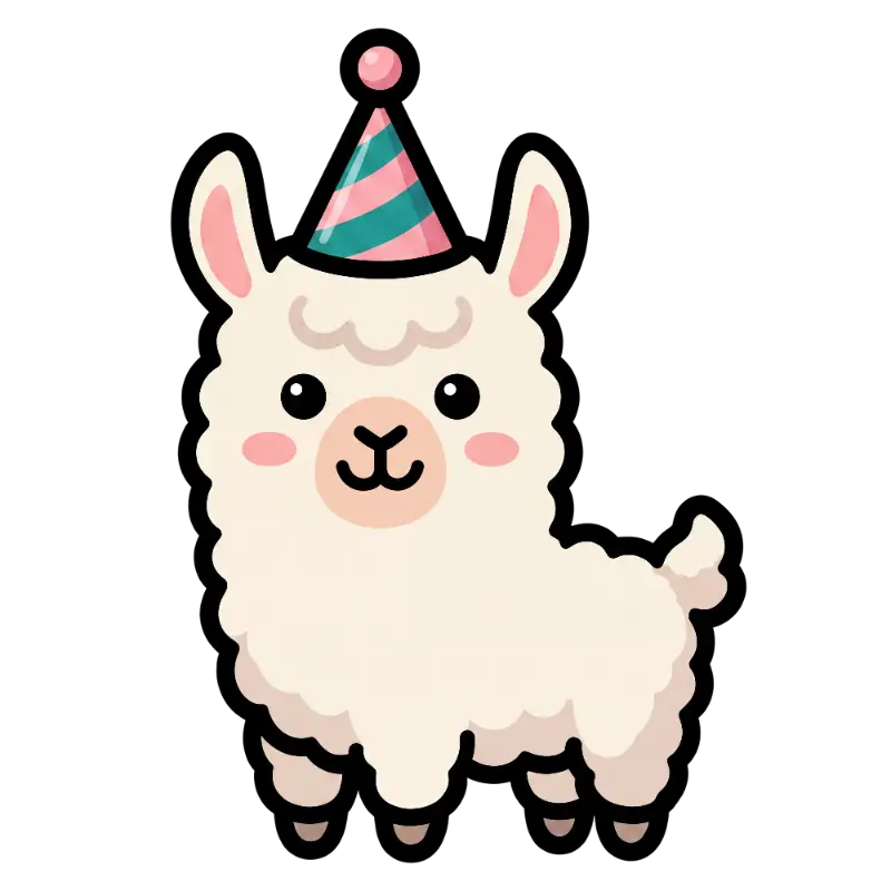 Kawaii Fluffy Llama with Party Hat and Big Eyes Illustration