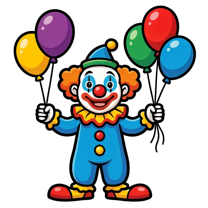 Cartoon Cheerful Clown with Ruffled Collar and Balloons