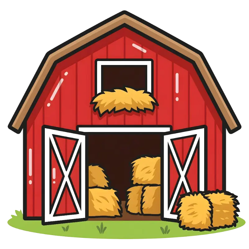 Cheerful Red Barn Cartoon with Open Doors and Hay Bales