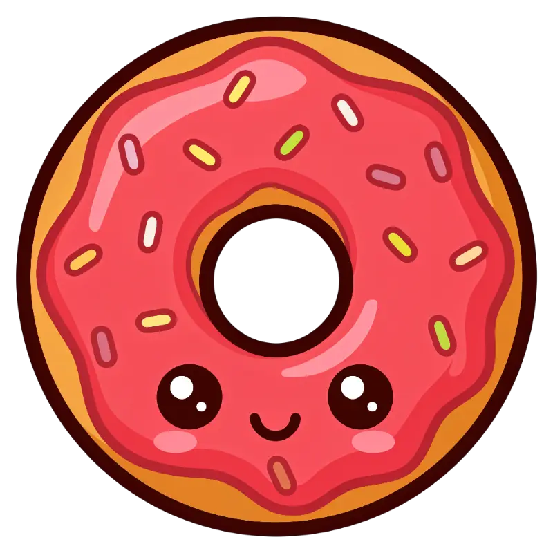 Cartoon Donut Character with Blush Cheeks and Pink Icing