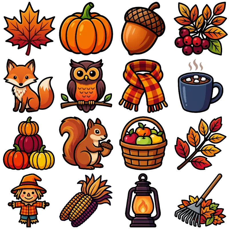 Cute Simplified Autumn Animals and Thick Outline Harvest Icons