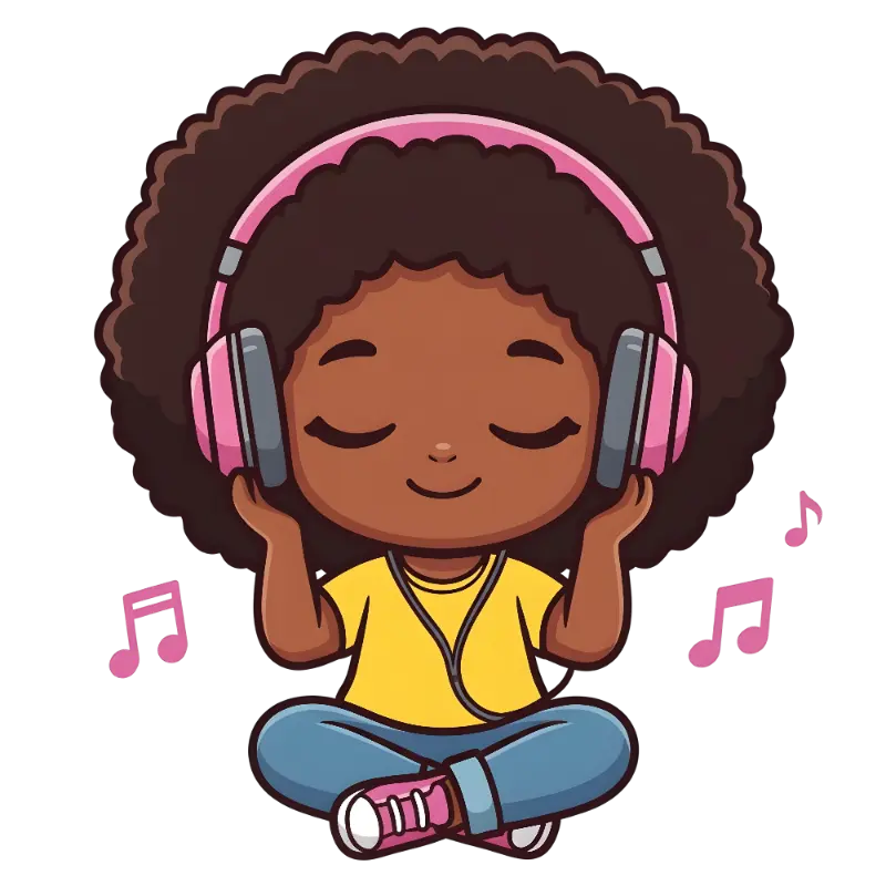 Relaxed Chibi Afro Girl with Pink Headphones and Music Notes