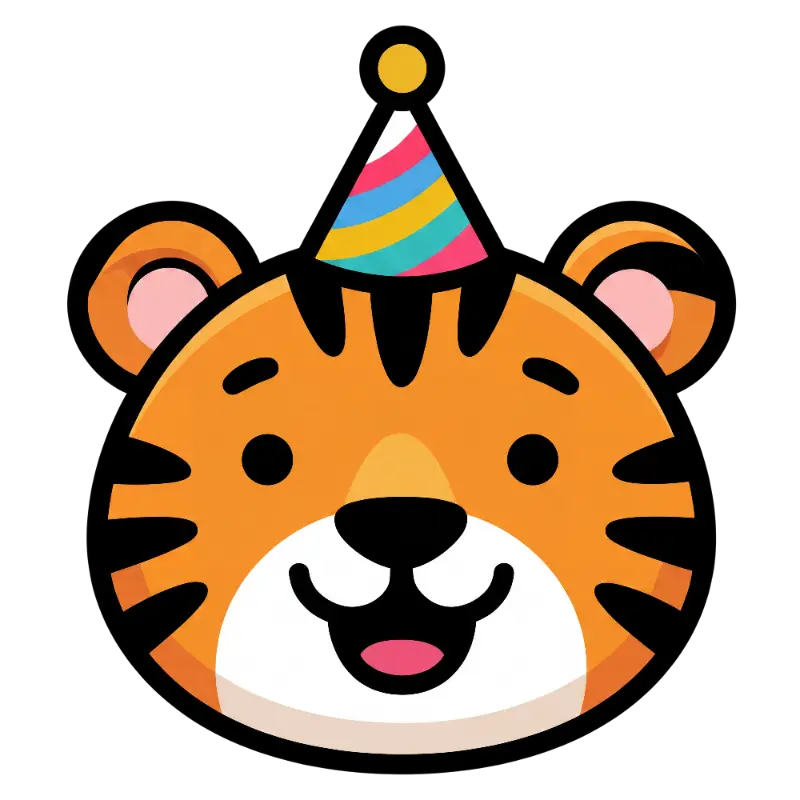 Happy Cartoon Tiger Face with Bright Striped Party Hat
