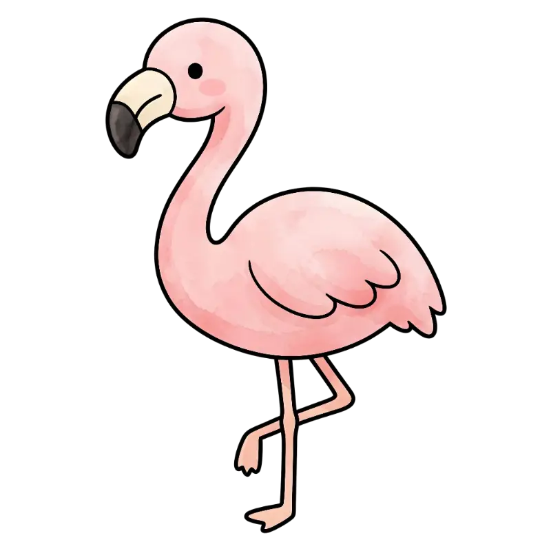 Simple Cartoon Pink Flamingo with Thick Black Outlines